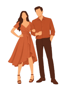 Guests: a rust wrap dress, and a rust long-sleeved shirt worn with dark trousers.